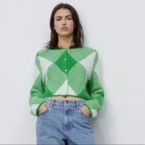 Zara jacquard argyle green knit cardigan top Sweater white button down print